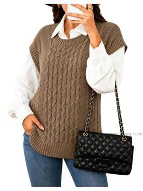 Plus Size Cable Knit Sweater Vest Crew Neck Cap Sleeve Pullover